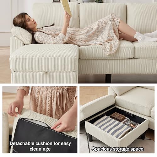 Image of 79.72 inch 3 Piece Corduroy Sofa Set with Storage Ottoman & Loveseat, L Shaped Sectional Couch with Side Pockets, Convertible Living Room Furniture Set for Small Space