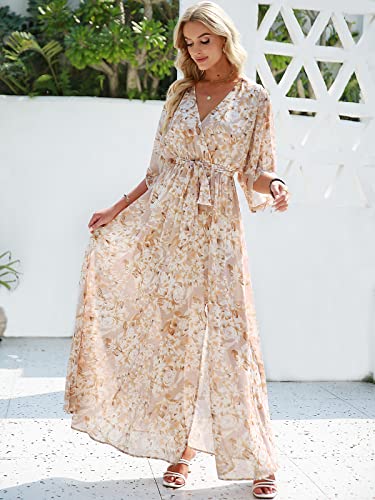 Image of ANRABESS Womens Boho Floral Wedding Guest Maxi Dress | Flowy A-Line Chiffon with Slit, Elegant V Neck Wrap Elastic Waist, Casual 1 /2 Sleeve Spring Summer Outfits, Tea Party