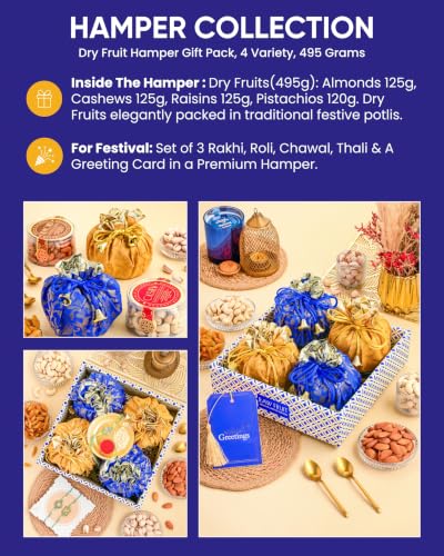 Image of Hyperfoods Rakhi for Brother with Dry Fruits Rawfruit's Handcrafted Potli Blue And Red with Thali Roli & Chawal Rakhi Gift Hamper for Brother Pack of 4 Cashew Almond Pistachios Raisins 495gm With Set of 3 Meena Rakhi