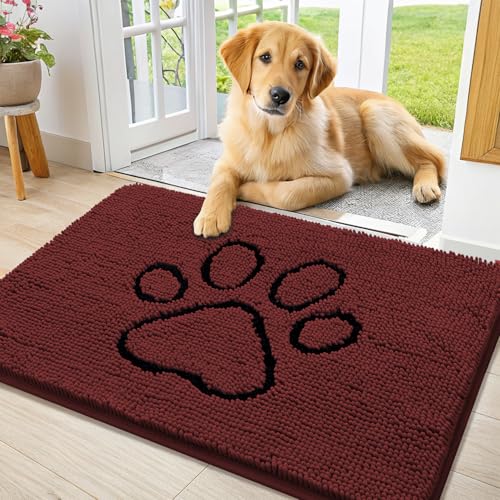 Image of Smiry Dog Door Mat for Muddy Paws, Absorbent Dirt Trapper Non Slip Quick Dry Washable Chenille Mat for Mud Dogs, Entry Rug for Indoor and Outdoor (36x24 Inches, Caramel Russet and Black