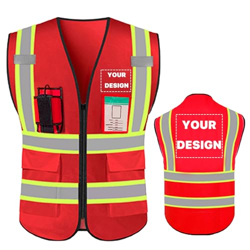 YOWESHOP High Visibility Reflective Safety Vest with Pockets Custom Your Logo Safety Workwear, Red 2XL