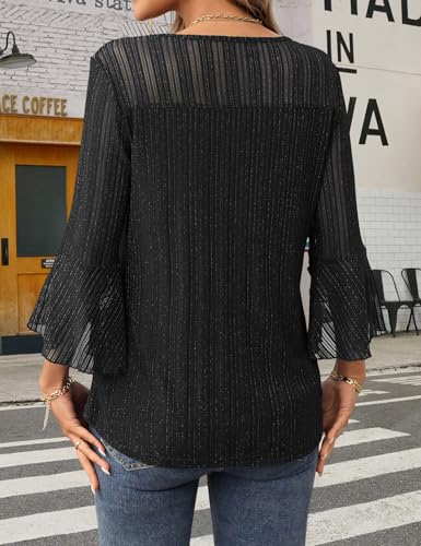 Heersan Camisas para Mujer Elegante Manga 3/4 Cuello Redondo Blusa Suelta Transpirable con Volantes Camiseta Ligera para Primavera Verano Otoño