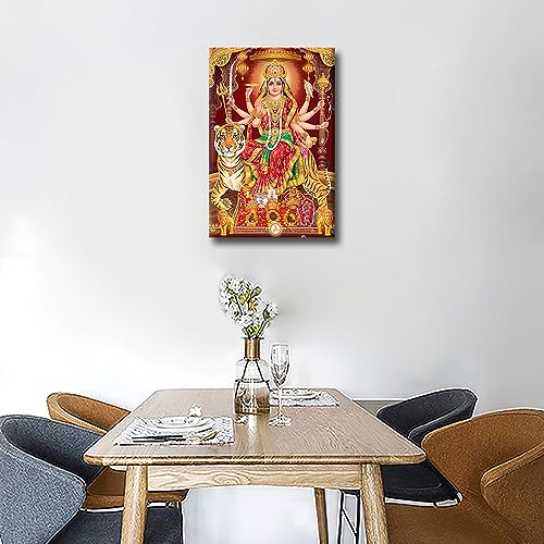 TISHIRON Durga Mata Canvas Wall Art Hindu God with Colorful Background Pictures Posters Wall Decorations for Living Room Bedroom Home Walls Framed Ready to Hang 24x16inch - Image 4