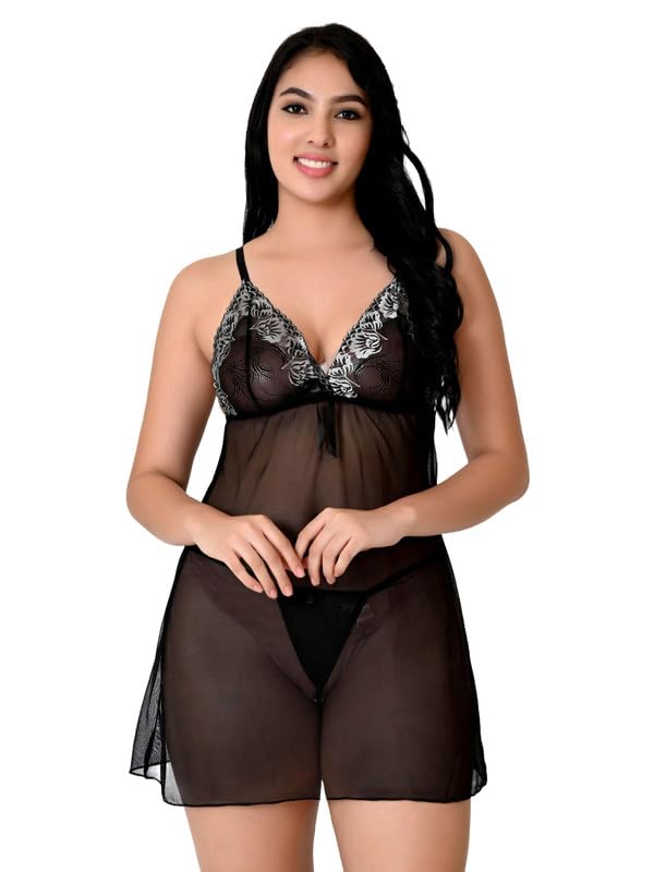 Image of Women Satin Lace Solid Print Babydoll Lingerie Honeymoon Nighty.