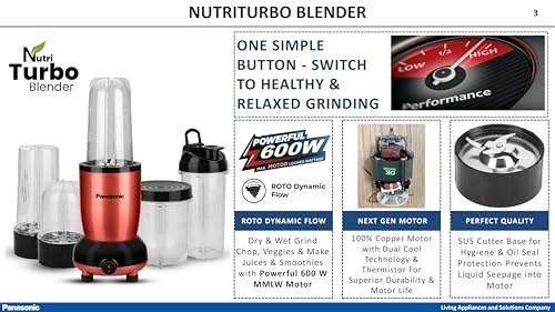 Image of Panasonic Nutriturbo Hand Blender with 5 Jars | Powerful 600W Max Locked Motor | Juicing, Blending & Grinding | Copper Motor & Safety Lock | Multipurpose Kitchen Appliance
