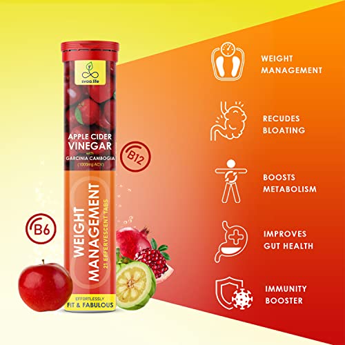Image of svaa.life 1000mg Apple Cider Vinegar (ACV) Effervescent Tablets-Apple Flavour-with Garcinia Cambogia, Pomegranate, B6 & B12 for Weight Management & Improving Gut Health | One per day (63 tablets)