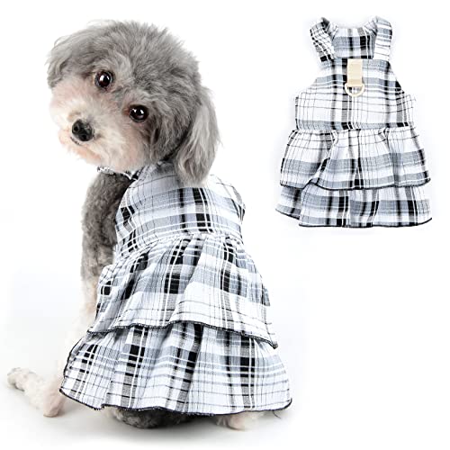 RANPHY 犬服 春夏 小型犬 女の子 ワンピース 洋服 かわいい ペット服 ドッグウェア チェック柄 犬 ハーネス Dリング付き チワワ服 姫糸 猫服 散歩 お出かけ 記念 撮影 写真, ブラック, L