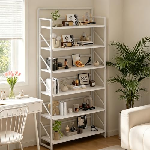 Image of JSB 6 Tier No Assembly Folding Bookshelf, 30.3 inch Wide Foldable Storage Bookcase for Home Office, Space-Saving Storage Shelf for Living Room (All White)
