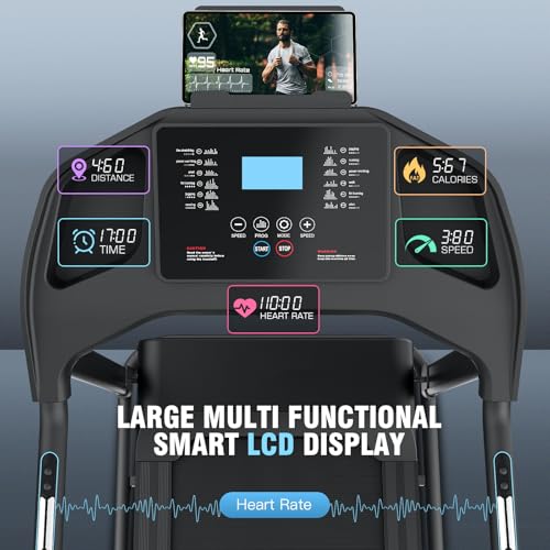 Image of Incline Treadmill Foldable, Smart Portable Treadmills for Home with Body Fat Measurement & Heart Rate Sensor, 3.5HP Heavy Duty Folding Treadmill 400 LB Capacity with Silent Shock Absorption
