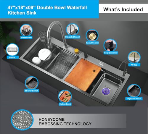 Image of Fossa 47 inchx18 inchx10 inch Inch 5-Year Warranty Double Bowl Waterfall Kitchen Sink Honeycomb Embossed Sink with black Nano Coating, Pure Stainless Steel Sink, faucet with all Accessories.
