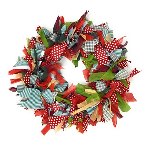 Corona de Navidad hecha a mano con tela reciclada de temporada, multicolor, verde, rojo, certificado GoodWeave de 30 cm de diámetro, adecuado para móvil, puerta o pared