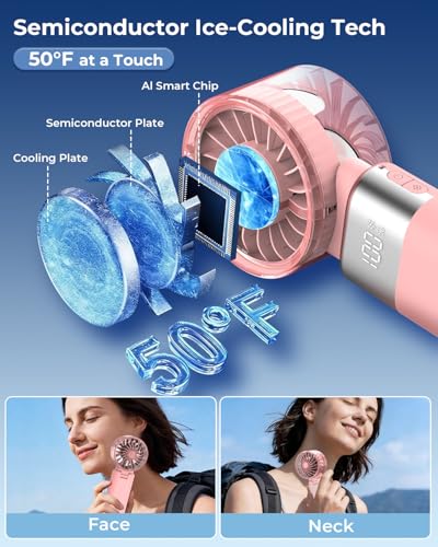 Image of ARCTlCOOL Portable Mini Fan with Ice Touch Tech, 7500 RPM Handheld Fan with Buckle, 4000mAh Battery, 100 Speeds Foldable Fan with Smart Digital Display for Makeup, Travel & Outdoor (Light Pink)