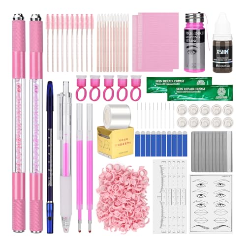ATOMUS Kit de microblading rosa completo semipermanente, herramienta para tatuaje profesional, 2 piezas, lápiz manual de cejas 18U 3RL, suministros de tatuaje