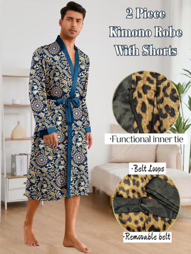 Men's Satin Kimono Robe Set with Shorts, 2 Piece Lightweight Bathrobe with Belt, Long Sleeve Silk Sleepwear2