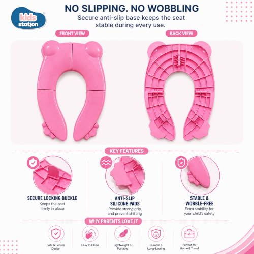 Image of Kids Station Baby Portable & Foldable Baby Unisex Potty Training Toilet Seat with Non-Slip Base, Splash Guard, and Storage Hook-Ideal for 0-6 Year Child, Travel-Friendly (Pink, Foldable Potty Seat)