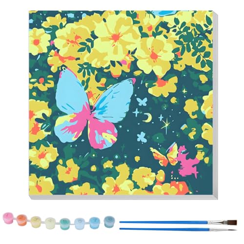Image of HASTHIP DIY Paint by Numbers Kit for Adults & Kids, Butterfly Flower Blossom Landscape Painting on Canvas, Beginner-Friendly Acrylic Painting Set with Brushes & Numbered Pigments, 20x20cm
