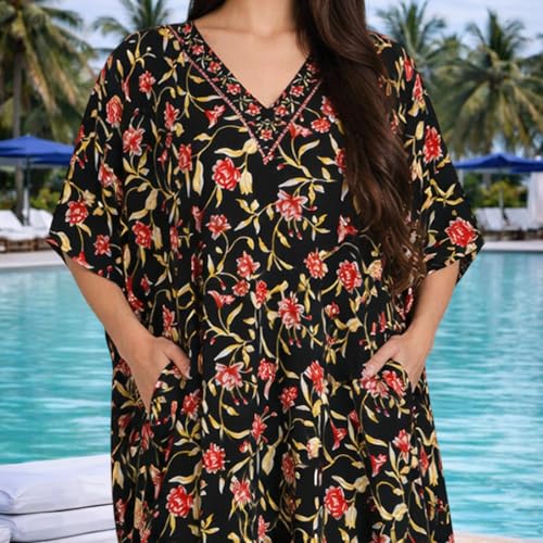 Image of Miss Lavish London Kaftan Dresses for Women Plus Size Long Batwing Sleeve Caftans, V Neck Moo Moo Printed Beach Cover Up Maxi Beach Dress, Bathing Suit Cover-Up Loungewear