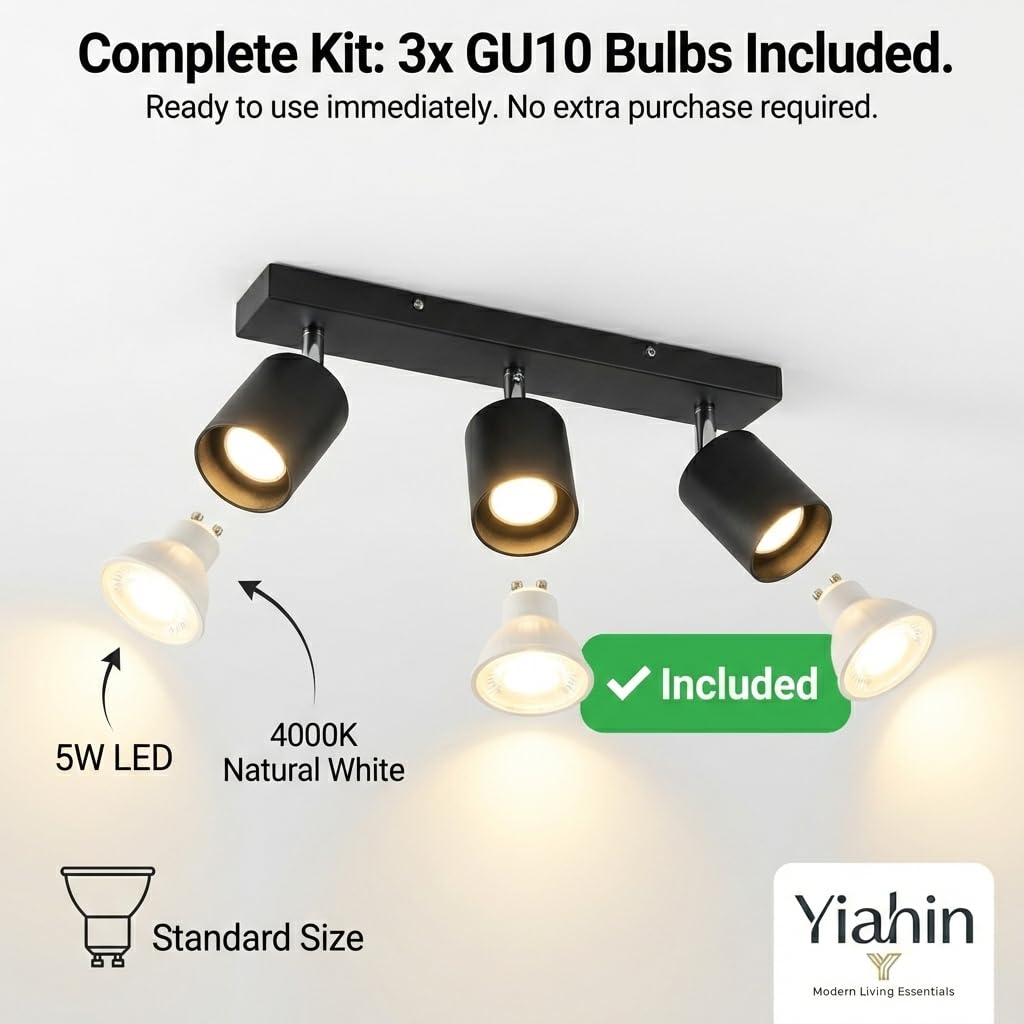Yiahin Plafonnier LED 3 Spots Noir Orientable avec 3 Ampoules GU10 4000K Blanc Neutre - Barre de Spots Rectangulaire Métal - Éclairage Naturel Prêt à l'Emploi pour Cuisine, Couloir et Dressing