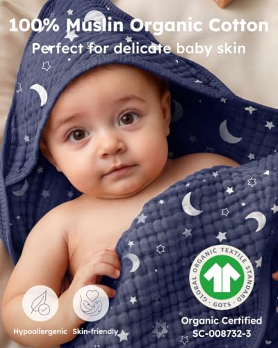 Image of Yoofoss Hooded Baby Towels for Newborn 2 Pack 100% Muslin Organic Cotton Baby Bath Towel with Hood for Babies, Infant, Toddler and Kids, 32x32Inch, Soft and Absorbent Newborn Essential, Blue Clouds