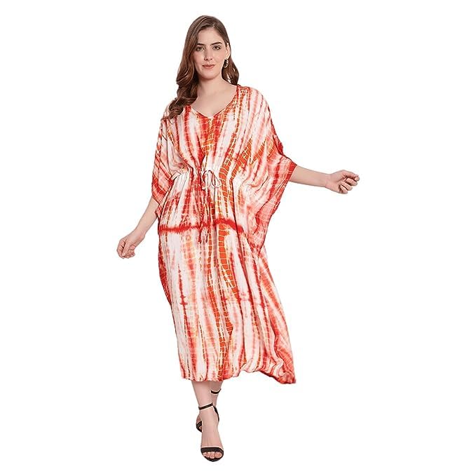 ukal UkalTrending Stylish Tie Dye Rayon V-Neck Full Length Kaftan Maxi Dress Nighty with Batwings Sleeves | (One Size, Orange), Orange, One Size-picture-24