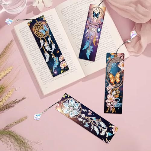 Image of 4 Pack Diamond Painting Bookmarks for Adults, 5D DIY Diamond Art Bookmark Kit with Tassels, Rhinestone Craft Supplies for Reading Lovers, Dreamcatcher & Butterfly Designs
