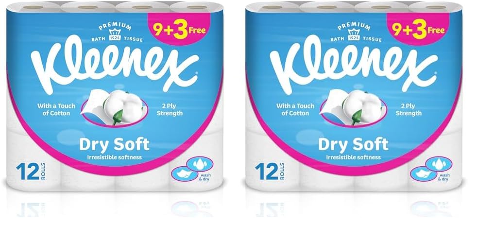 KleenexDry Soft Toilet Tissue Paper, 2 PLY, 12 Rolls x 200 Sheets, Embossed Bathroom Tissue with a Touch Of Cotton (Pack of 2)