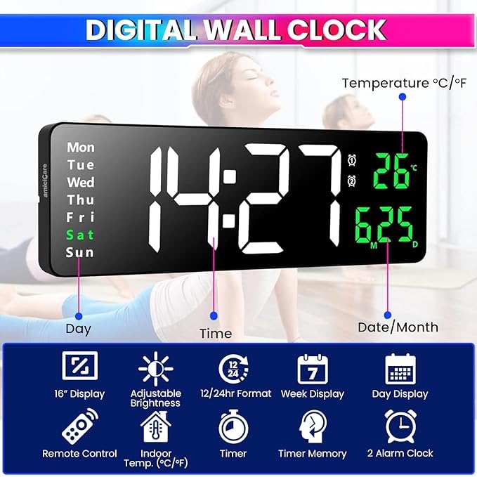 Image of LED Digital Wall Clock Hanging, Auto-Adjustable Brightness, Easy to Read at Night12 /24Hr Auto-Adjustable Brightness Temperature,for Bedroom,Living Room,Office. (Green-White)
