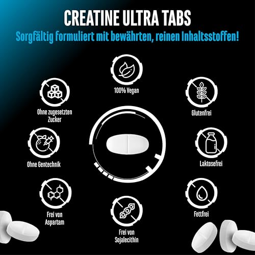 Creatine Ultra Tabs - 300 Tabletten mit je 1150mg reinem Creatin Monohydrat - 100 Anwendungen - Premium: Ultrafein + Mesh-Faktor von 200 - Hochdosiert - Vegan