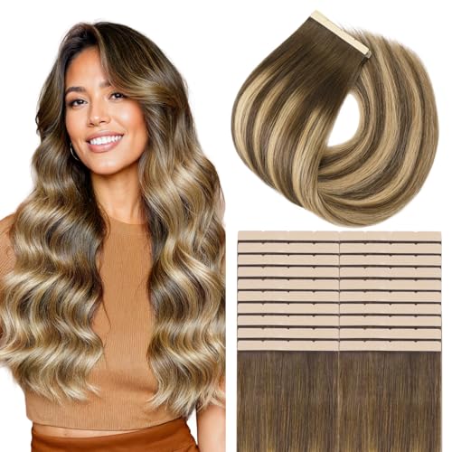 Image of GOO GOO Tape In Weft Hair Extensions Human Hair, 4 /27 /4 Balayage Chocolate Brown to Caramel Blonde, 8cm Wide Tape, 18inch 20pcs 160g, Tape Weft Hair Extensions, Seamless Tape in