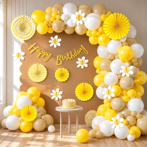 Image of Party Propz Sunshine & Floral Theme Happy Birthday Decoration Kit for Girls - 42 Pcs Birthday Decoration Kit for Kids, Baby Boy with Birthday Banner, Balloons, Yellow Paper Fans & Flower (Cardstock)
