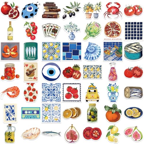 Image of 50Pcs Mediterranean Food Stickers, Cartoon Mediterranean Tomato Food Vinyl Decals for Decor Laptops, WLJIAO Aesthetic Cute Lemon Labels Sticker for Kids Teens Girls DIY Scrapbook Guitar
