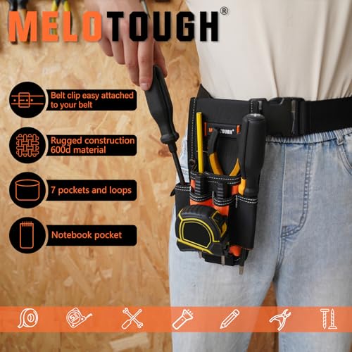 Image of MELOTOUGH 7-Pocket Technician Pouch-Small Pocket Tool Belt Pouch with Belt Clip,Clip on Larger Pockets & Loop, Clip on-Tool Holder Accessory