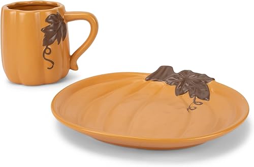Nat & Jules - Taza de café de cerámica con forma de calabaza de 12 onzas y platillo pequeño perfecto para Halloween, Acción de Gracias y colecciones