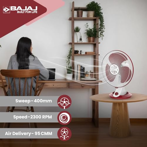 Image of Bajaj Veloce High Speed 400MM Table Fan For Home | Air Freshener Pocket | Surge Protection | 100% Copper Motor | High Air Delivery | 3 Years Warranty 【White & Maroon】