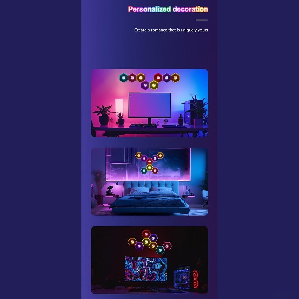 Lot de 6 panneaux muraux modulaires RVB hexagonaux, 16 m, barres lumineuses LED musicales avec télécommande par application, décoration géométrique à faire soi-même pour salle de jeux, chambre à