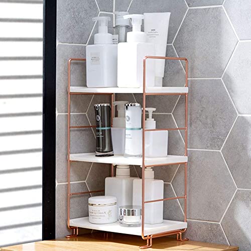 kaileyouxiangongsi Plastic/Metal Freestanding Stackable Organizer Shelf,Bathroom Countertop Storage Shelf Cosmetic Organizer Holder Kitchen Spice Rack,3-Tier Standing Rack (Rose Gold)