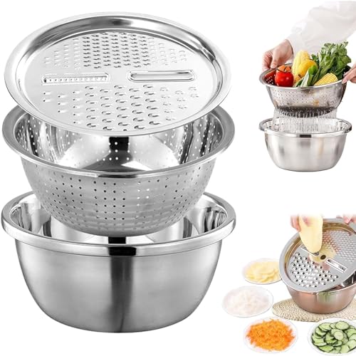 Germany Multifunctional Stainless Steel Basin Multifunction Stainless Steel Basin with Grater 3 in 1 Vegetable Cutter for Kitchen Vegetable Slicer Grater Strainer and Drain Basket(10.2)