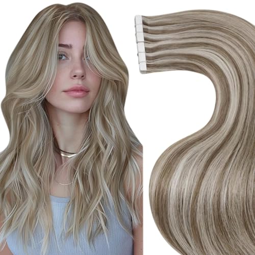 Image of LaaVoo Tape in Hair Extensions Human Hair Tape in Extensions Blonde Highlighted 100g Tape in Human Hair Extensions Light Brown with Bleach Blonde 22incn 40pcs
