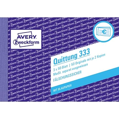 AVERY Zweckform 333 Quittungsblock (A6 quer, 3x50 Blatt, mit Durchschlag, fälschungssicher, separat ausgewiesene MwSt., für Deutschland und Österreich) weiß