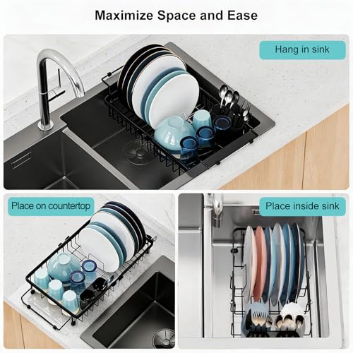 CAPHAUS Dish Drainer Rack- Expandable Utensil Drying Rack Over the Sink Dish Racks for Kitchen Counter, Stainless Steel Kitchen Drying Rack