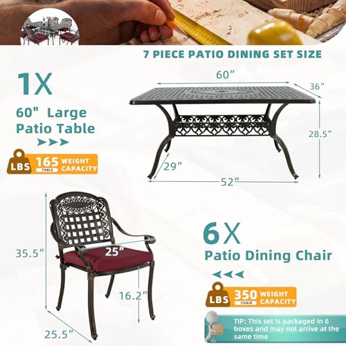 Image of MEETWARM 7-Piece Outdoor Furniture Dining Set, All Weather Cast Aluminum Patio Garden Set with 6 Chairs, 6 Cushions, 1 Rectangular Table, 2 inch Umbrella Hole, Dark Bronze, Chili Red
