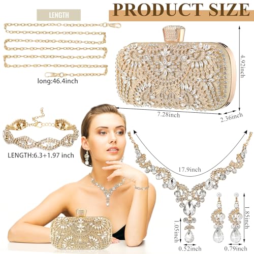 Quelay ​​​​4 Pcs Purse Rhinestone Jewelry Set for Wedding Bridal Women Handbag with Necklace Bracelet Dangle Earrings2
