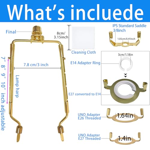 Image of Lamp Shade Harp Holder for Spider Lampshade,7 /8 /9 /10 Inch Height Adjustable,3 /8 inch Standard Saddle,E14 /E26 /E27 Light Base UNO Fitter Adapter Converter,Lamp Kit and Parts,Lamp Harp (Gold)