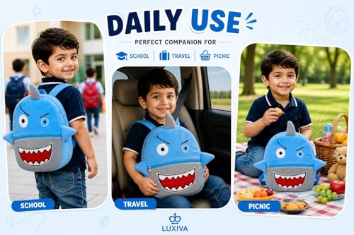Image of Cartoon Plush Kids School Bag 2-6 Years | Soft Toy Backpack for Boys & Girls | Toddler Nursery Preschool Bag | Lightweight Adjustable Straps