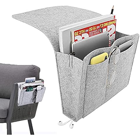 Bedside Storage Pocket Felt, Magazine Phone Remote Holder, Felt Hanging Organizer Bag Anti Slip, Bed Hanging Bag with 5 Pocket for Bed Sofa Organizing Tablet, Earphone, Glasses, Pen, Toys, Light Gray Cover
