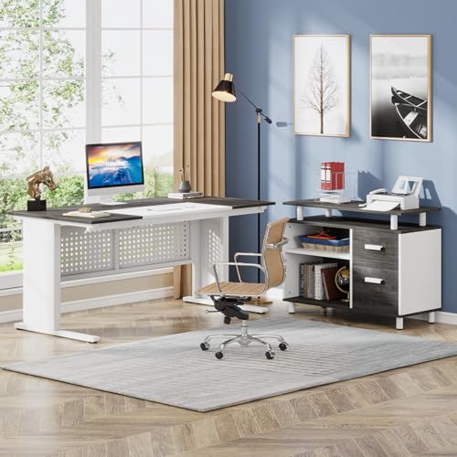 Image of Tribesigns 63 Inch Executive Desk with File Cabinet, L Shaped Office Desk with Drawers and Storage Shelves, Business Furniture Set Workstation for Home Office, Gray and White