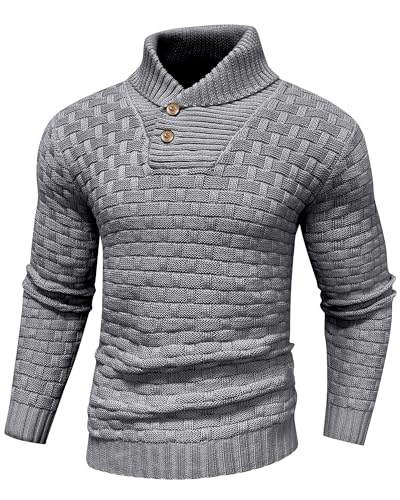 LIAMERHE Clásico Jersey para Hombre Manga Larga Suéter Sudadera De Punto Tejido Grueso para Hombre Suéter con Cuello Alto Jerséis con Dos Botones Invierno Pullover Sweater Gris M