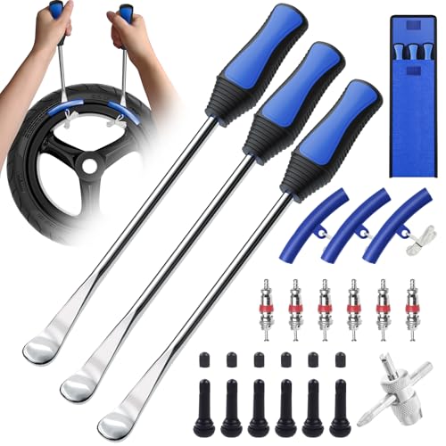 11.5″ Tire Spoon Kit, 26pcs Tire Changing Tool for Motorcycle Dirt Bike Lawn Tractor Bicycle, Motorcycle Tire Changer Tire Removal Tool with 3pcs Rim Covers 6pcs Valve Tool Valve Cores(Blue)