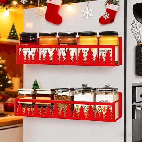 JarThenaAMCS 2Pcs Christmas Magnetic Spice Rack for Refrigerator Red Xmas Tree Metal Basket Shelf...