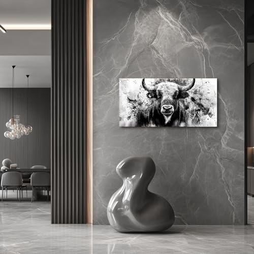 SERIMINO Bull Black and White Wall Art, Western Highland Cow Large Artwork, Animal Buffalo Canvas Prints, Modern Industrial Wall Decor Living Room Bedroom, Office Horizontal Pictures 20X40 Inch